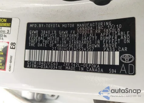 2010 Toyota Corolla Le z USA, uszkodzony, nr VIN 2T1BU4EE2AC534357